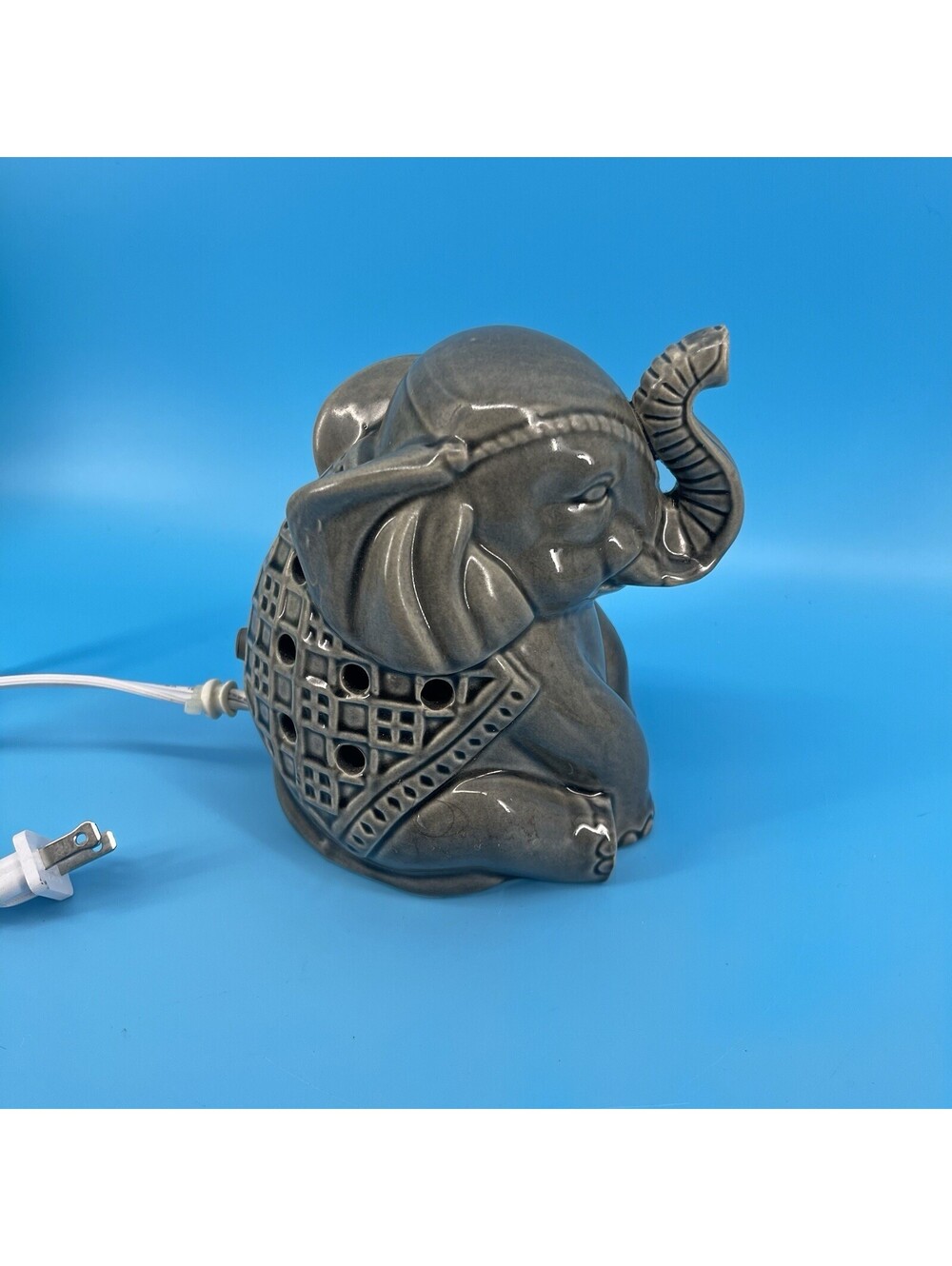Vintage Elephant Table Lamp Ceramic Figurine Gray Pottery Light Tested Working